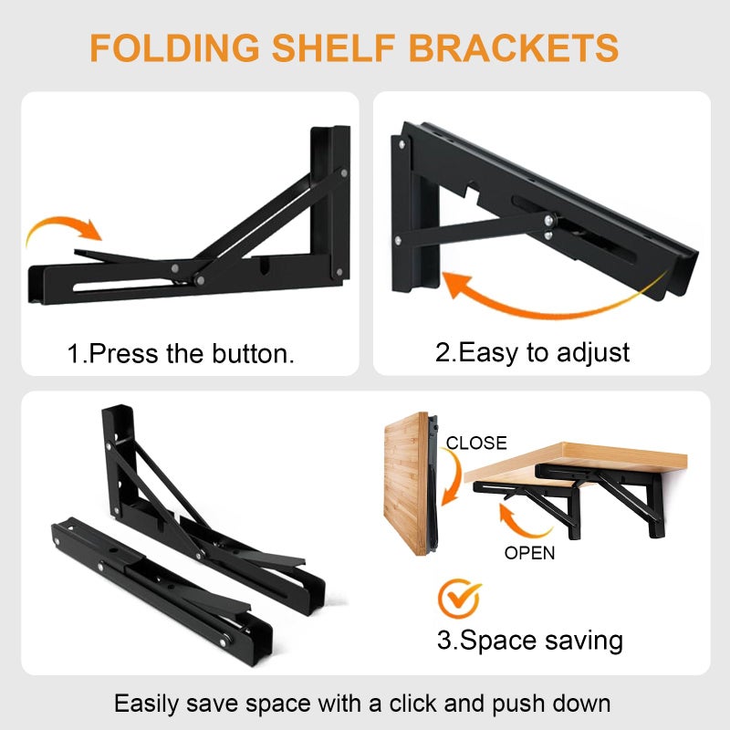 Storystore Folding Shelf Brackets - 16 Inch Heavy Duty Metal Collapsible Shelf Bracket for Bench Table, Shelf Hinge Wall Mounted Space Saving DIY Bracket, Max Load: 150 lb 2 PCS (Black) - Image 3